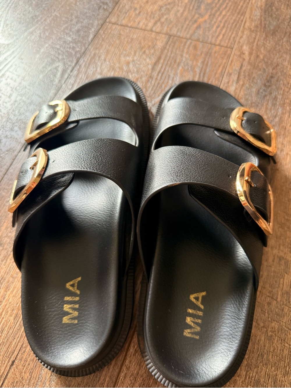 MIA Black Double-Buckle Slide Sandals with Gold Buckles